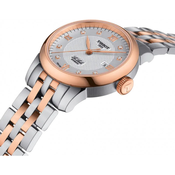 Tissot Le Locle women's automatic watch showing rose gold bezel, dial and two-toned bracelet