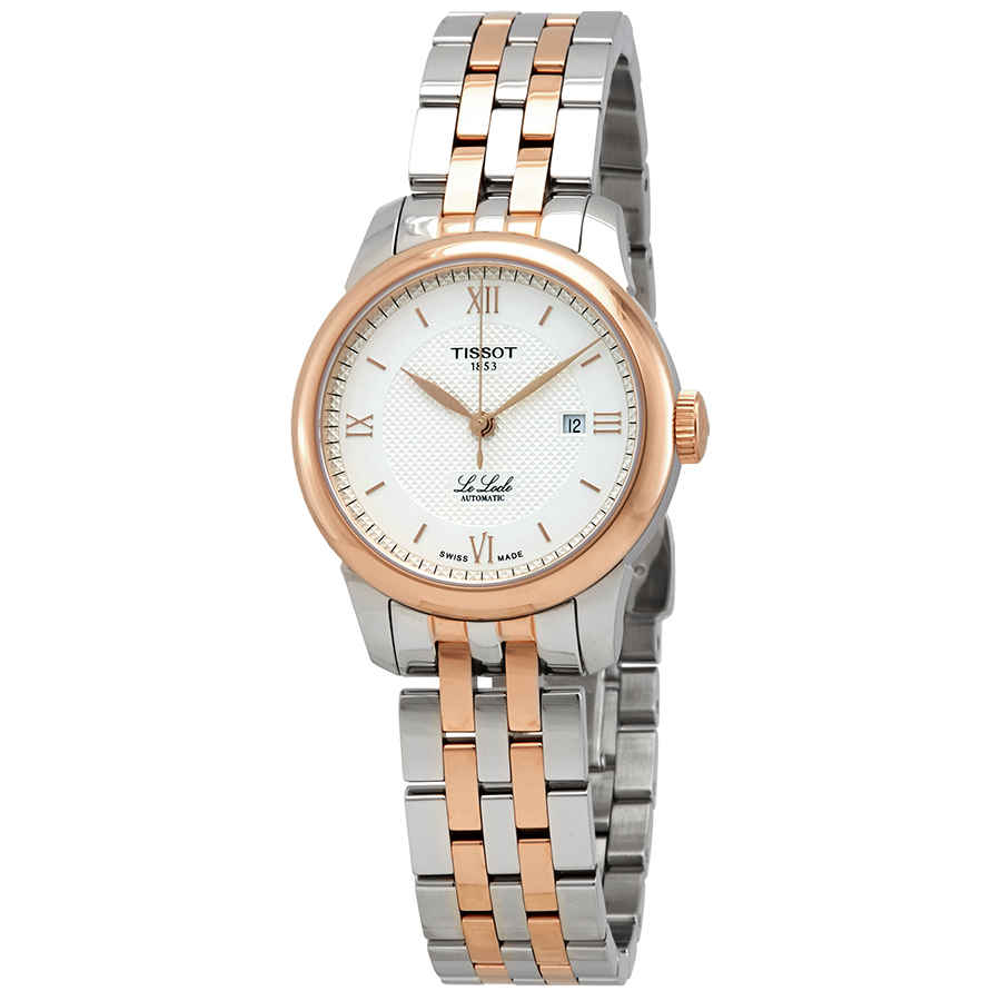 Tissot Le Locle women's watch viewed at angle showing two-toned rose gold and steel bracelet