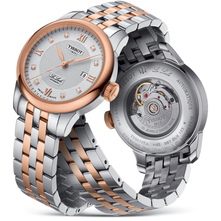 Tissot Le Locle automatic movement visible through caseback with two-toned steel and rose gold strap