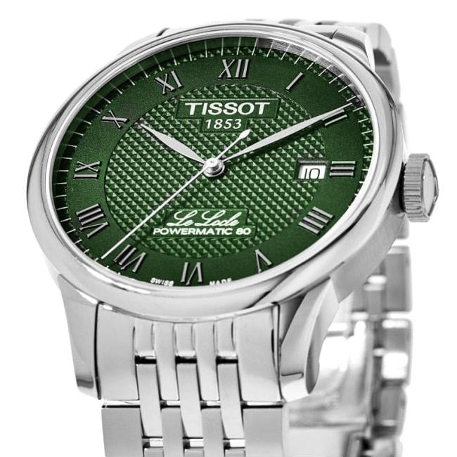 Tissot Le Locle dial detail showing green sunburst dial with Roman numerals and date window