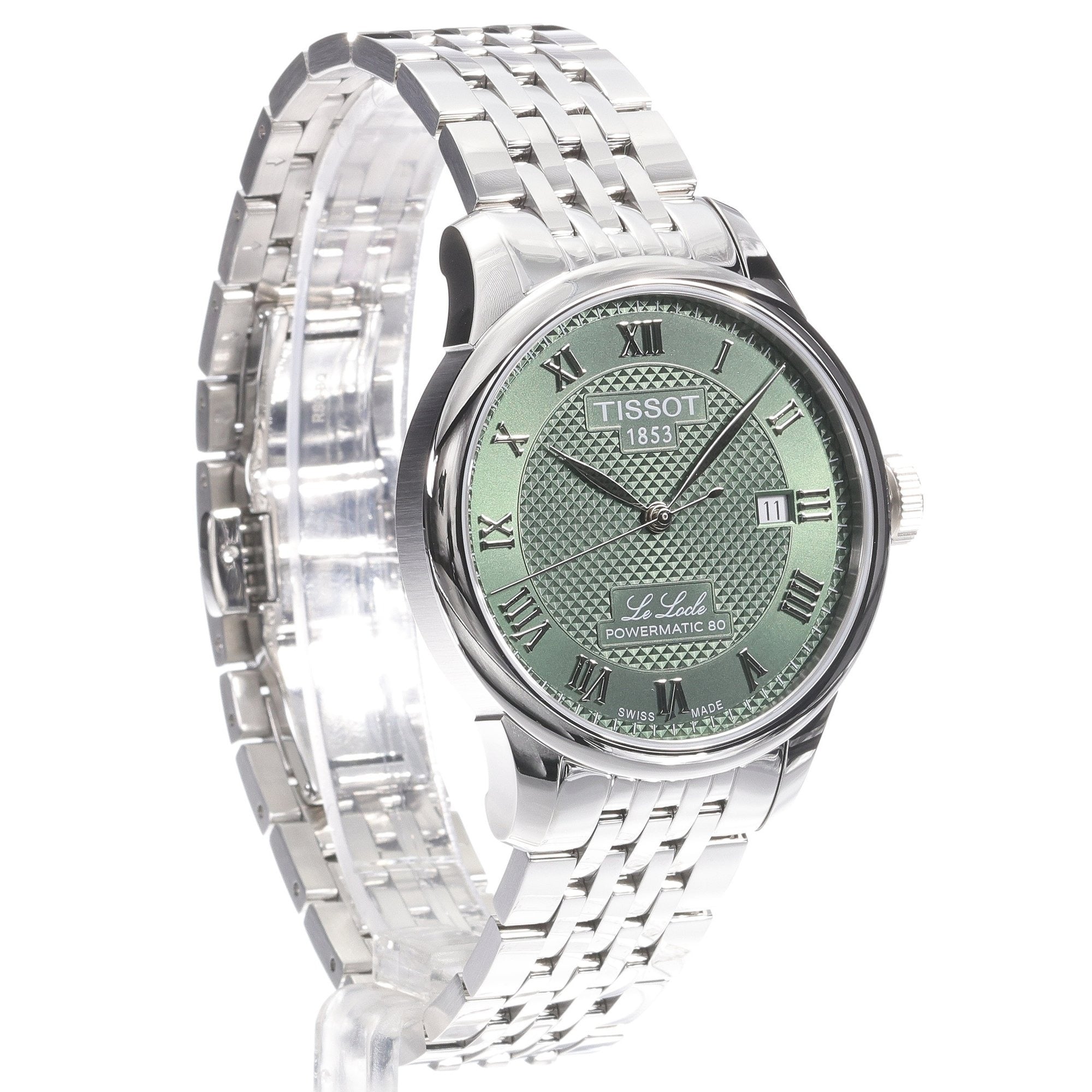 Tissot Le Locle Powermatic 80 green dial watch worn on wrist with stainless steel bracelet