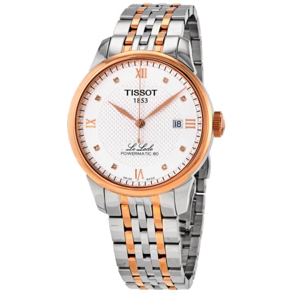 Tissot Le Locle Powermatic 80 watch at three-quarter angle showing two-tone bracelet