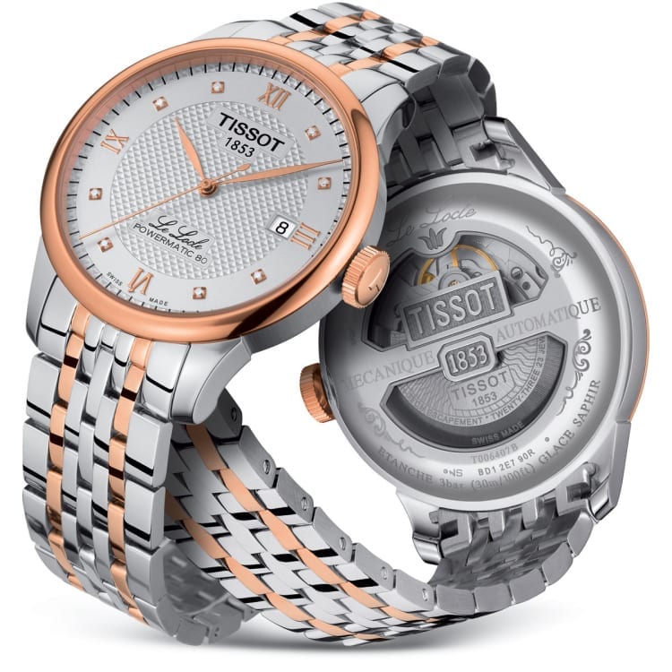 Tissot Le Locle Powermatic 80 watch showing display caseback with movement and dial side