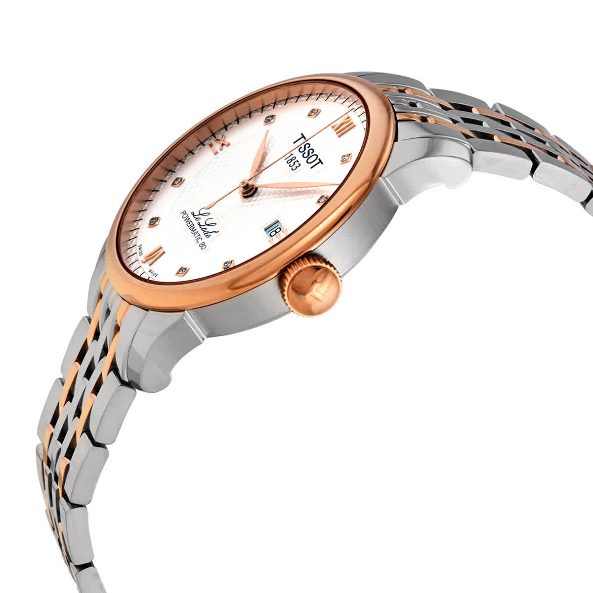 Tissot Le Locle Powermatic 80 watch side view showing rose gold crown and case profile