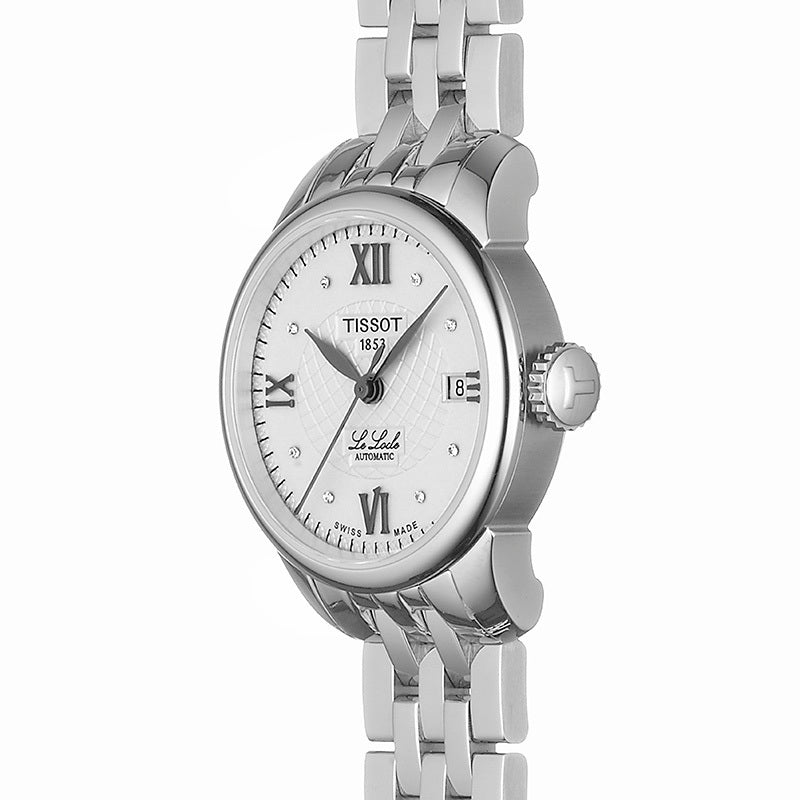 Tissot Le Locle Dia automatic lady watch at angle view showing dial and metal bracelet