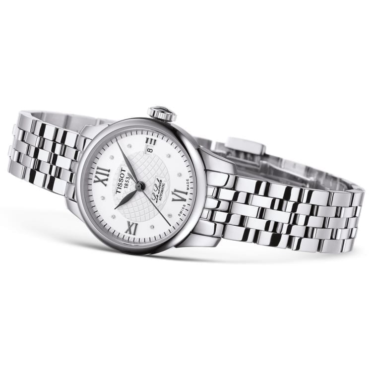 Tissot Le Locle Dia women's watch on wrist, angled view with stainless steel bracelet