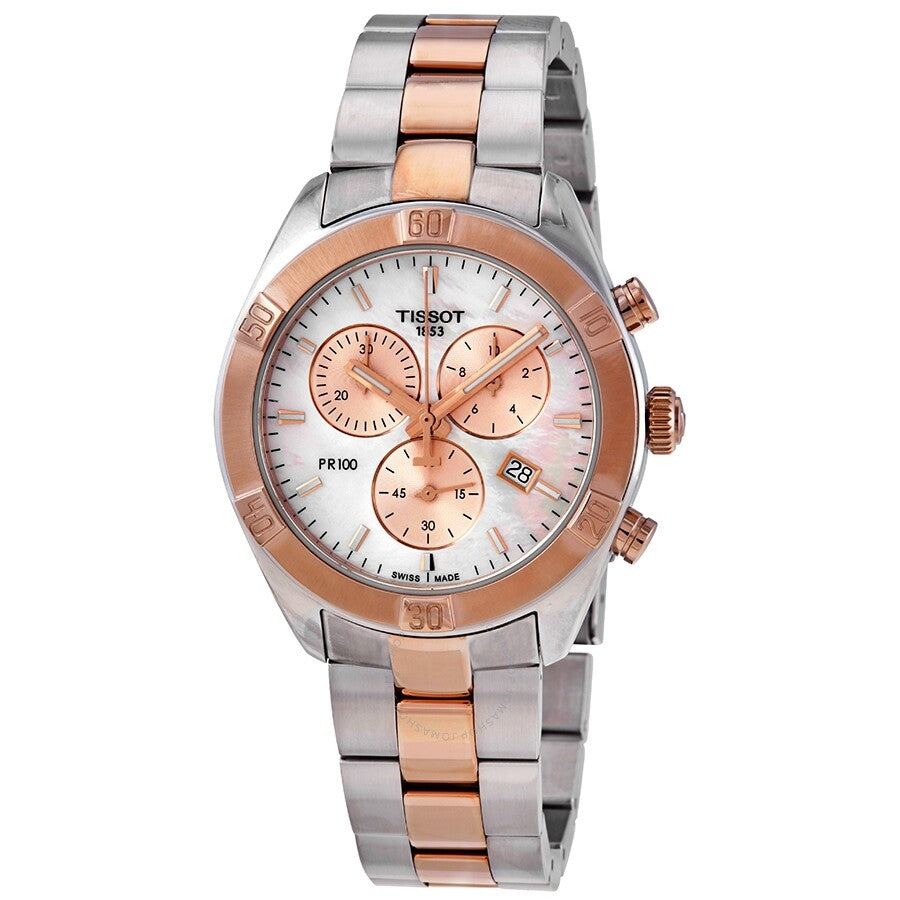 Tissot PR 100 Sport Chic two-tone chronograph watch with white dial and rose gold bezel