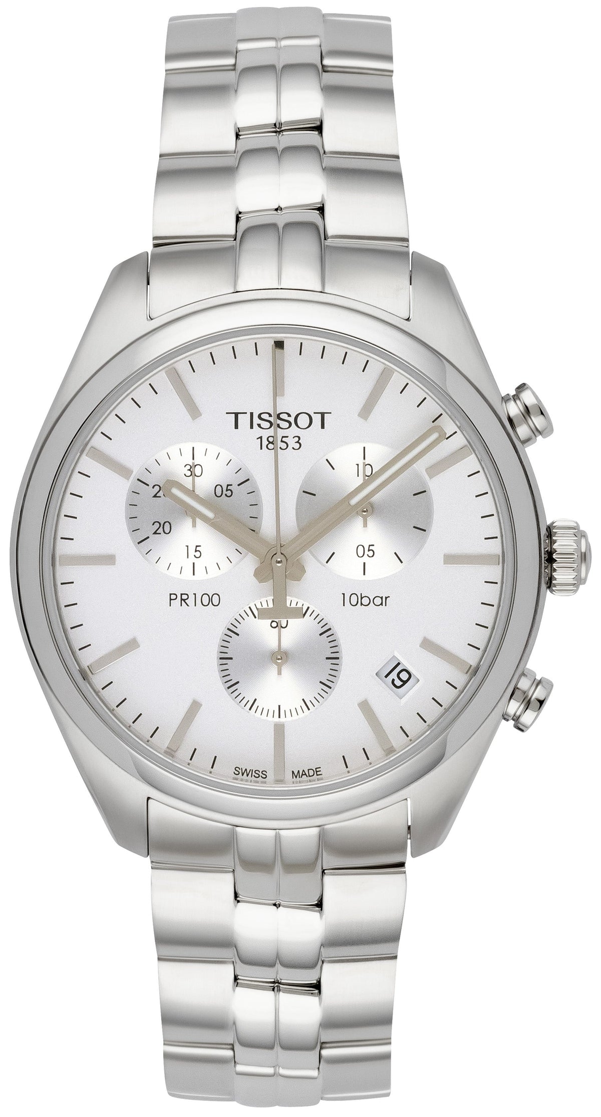 Tissot PR 100 chronograph watch with white dial and stainless steel bracelet