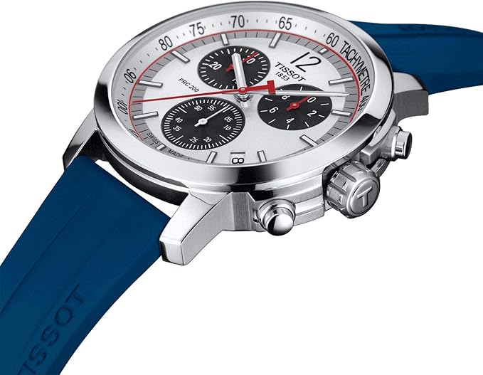 Tissot PRC 200 IIHF chronograph angled view showing steel case and blue strap