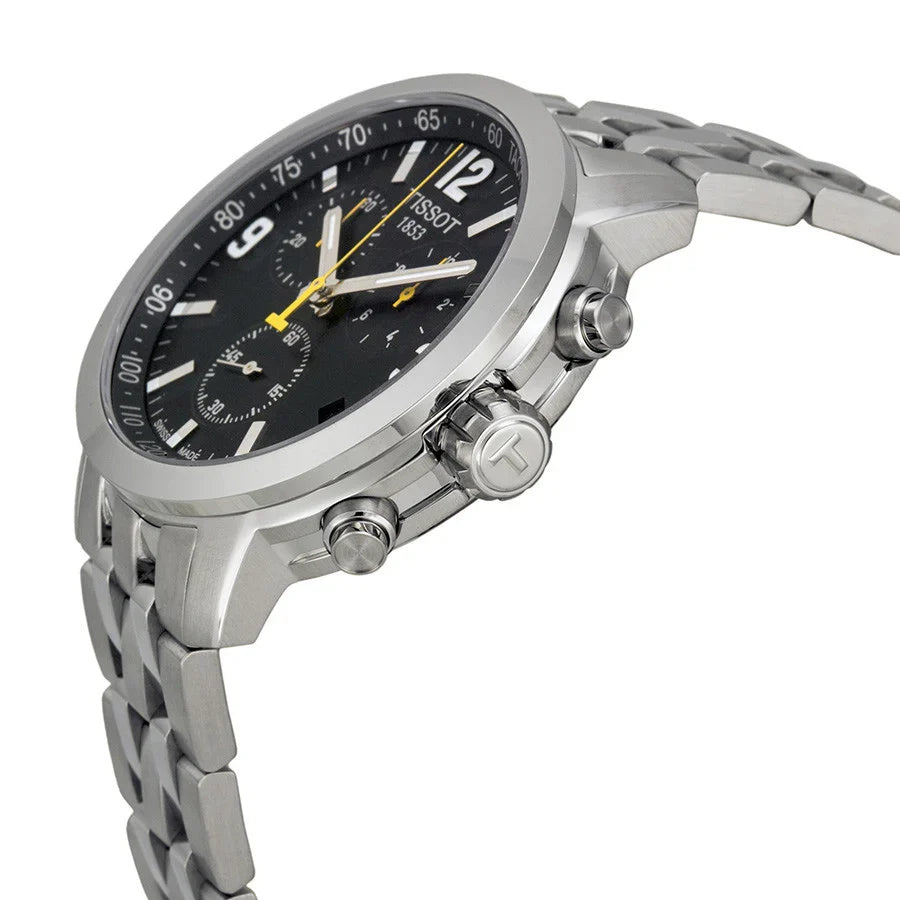 Tissot PRC 200 chronograph watch at angle showing side profile, steel case and pushers