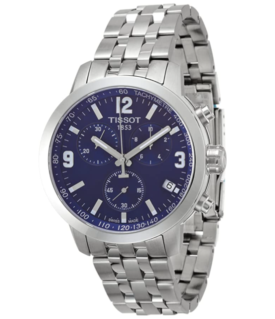 Tissot PRC 200 chronograph watch angled view showing dial and strap