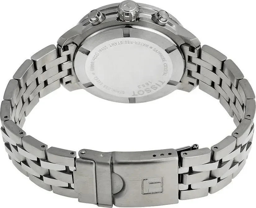 Tissot PRC 200 watch caseback with stainless steel bracelet detail