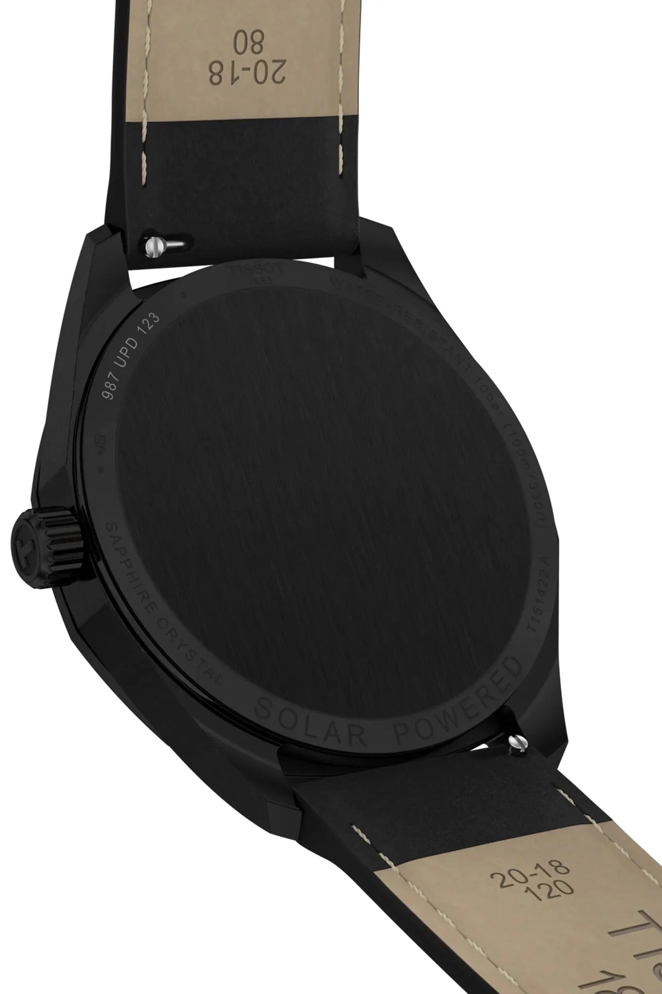Tissot PRC100 Solar caseback with black leather strap detail