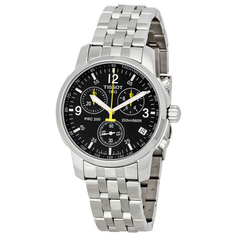 Tissot PRC200 three-quarter view showing stainless steel bracelet and chronograph dial with date window