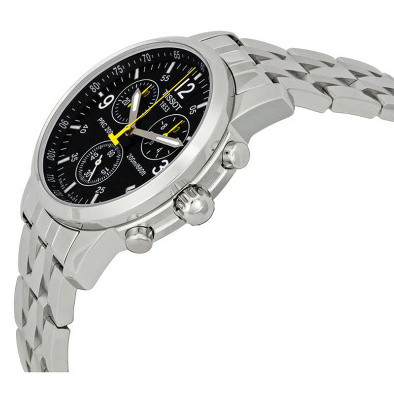 Tissot PRC200 side profile showing chronograph case and stainless steel bracelet detail