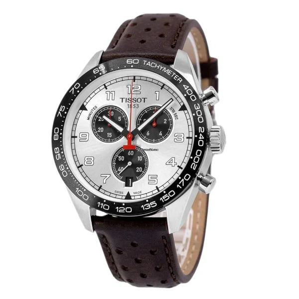 Tissot PRS 516 chronograph three-quarter view showing silver dial and brown leather strap