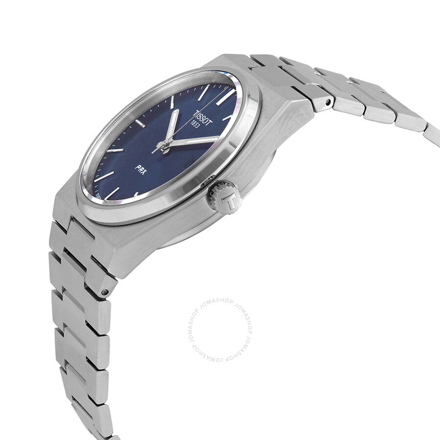 Tissot PRX watch side view showing stainless steel case and bracelet