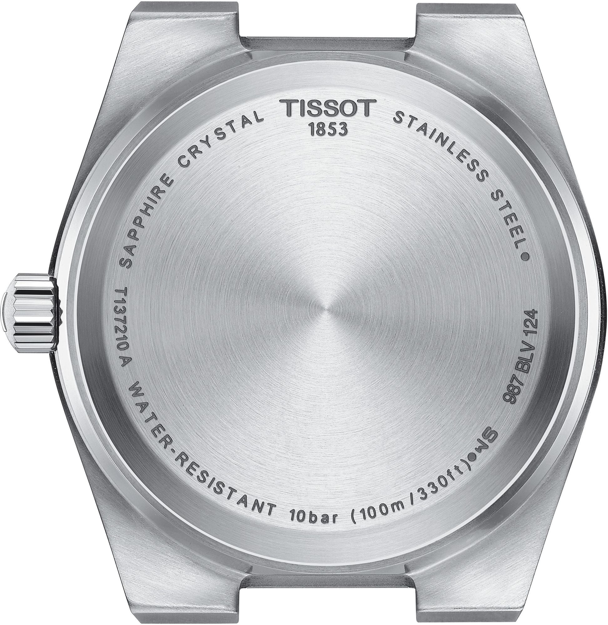 Tissot PRX caseback detail with 1853 logo and sapphire crystal, water-resistant specifications