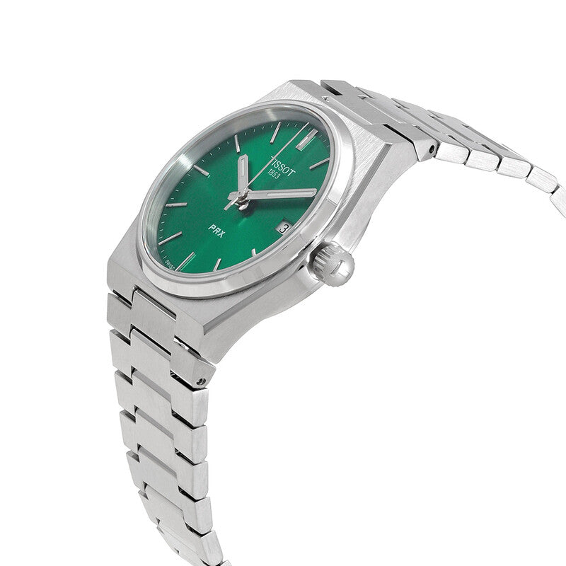 Tissot PRX watch side profile showing stainless steel bracelet and green dial