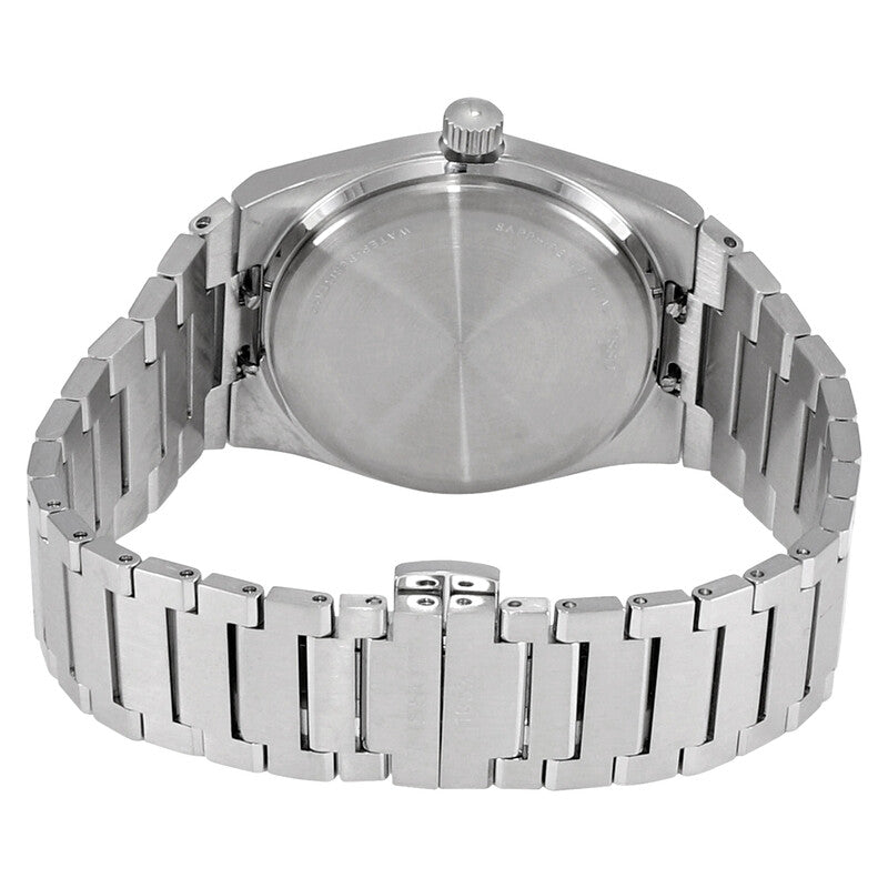 Tissot PRX caseback showing stainless steel with crown and bracelet detail