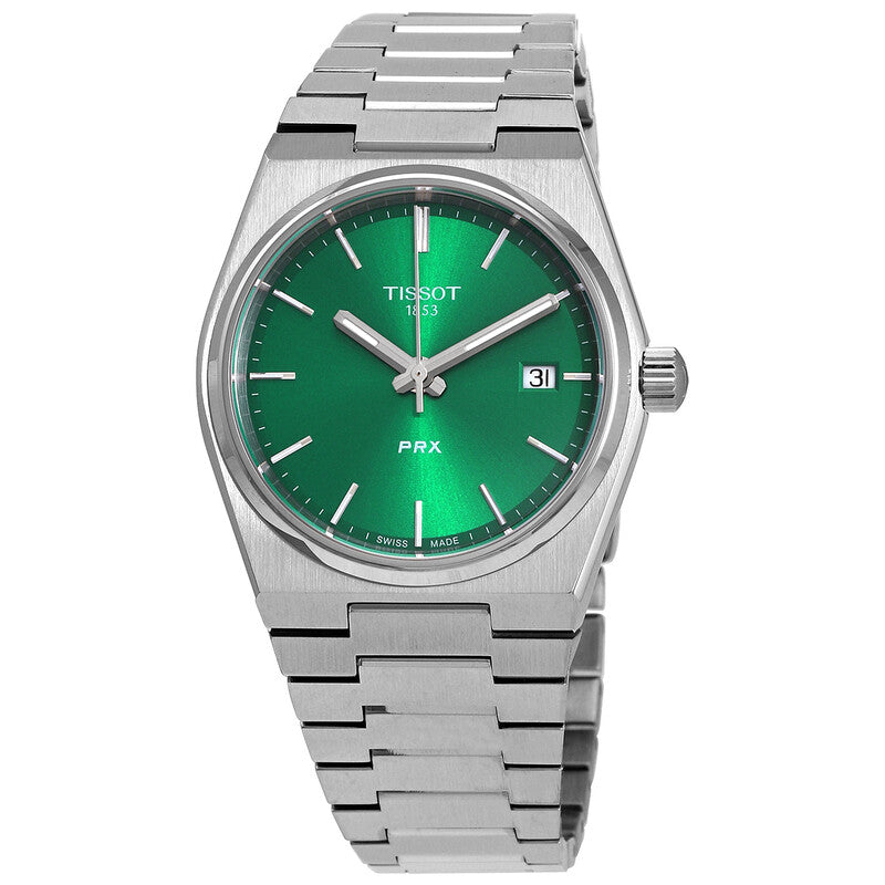 Tissot PRX quartz watch with green dial, stainless steel case and bracelet