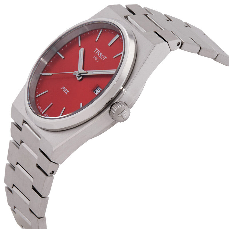 Tissot PRX watch shown from side angle with red dial and steel bracelet