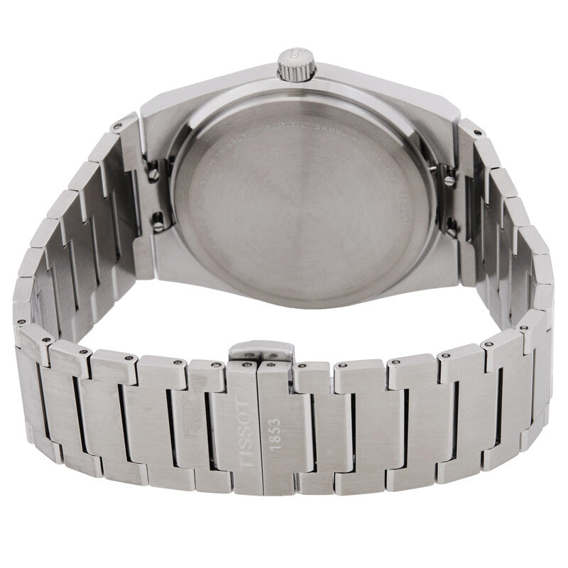 Tissot PRX watch caseback showing stainless steel construction and bracelet