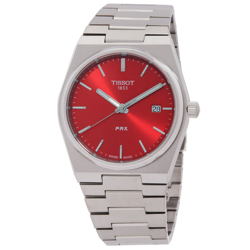 Tissot PRX quartz men's watch with red dial and stainless steel bracelet