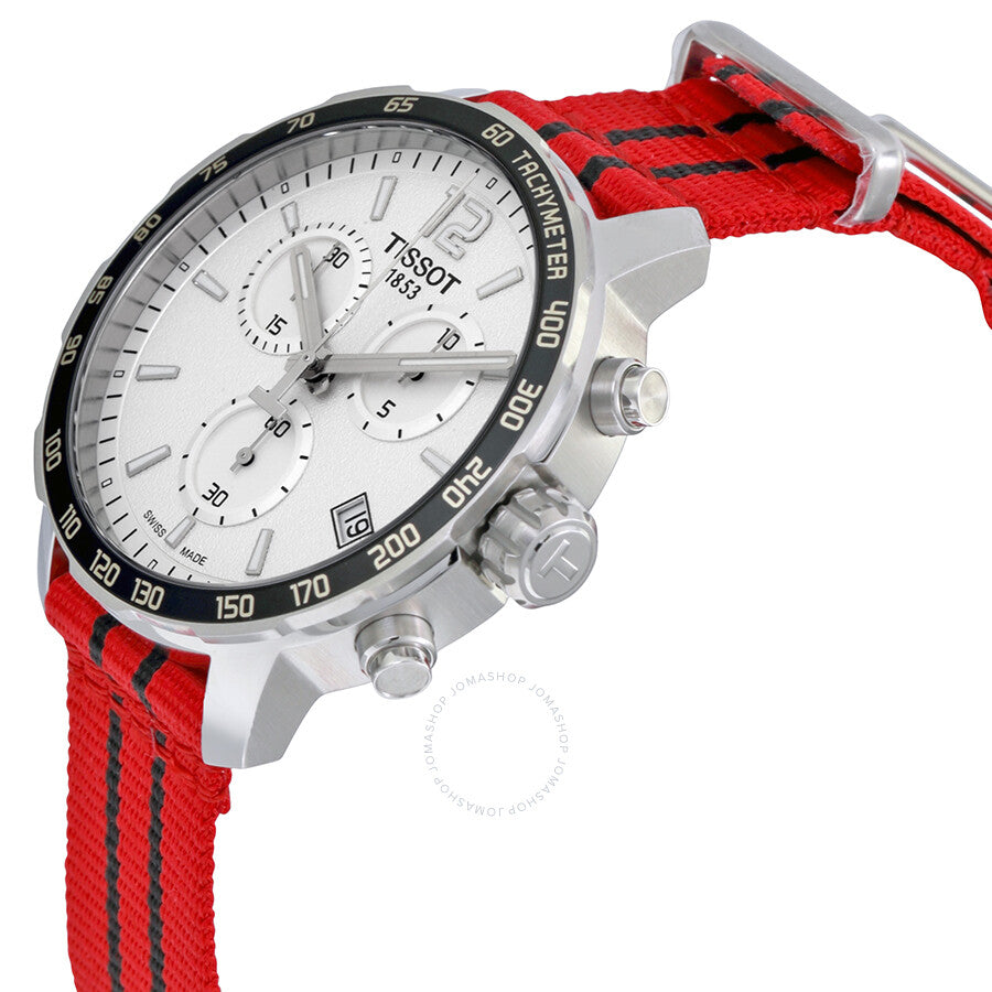 Tissot Quickster Chicago Bulls watch side angle showing red strap with black stripes and chronograph pushers