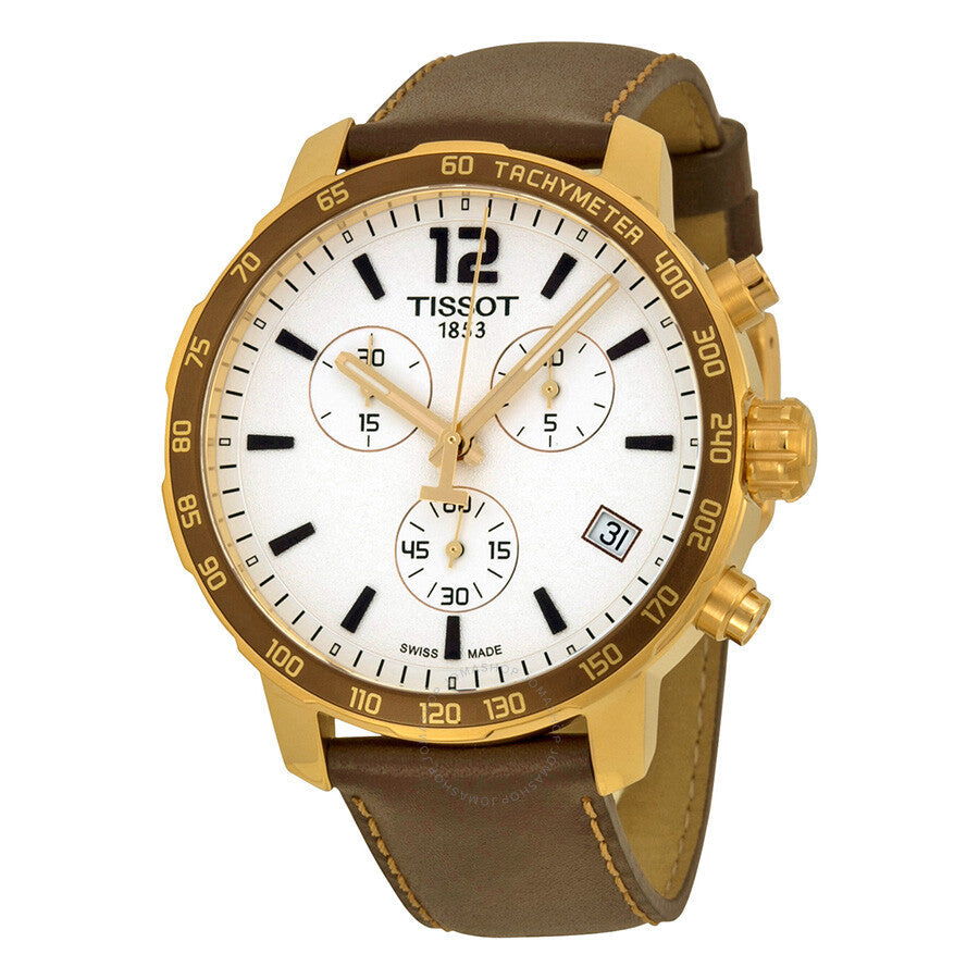 Tissot Quickster Chronograph gold-tone men's watch with white dial and brown leather strap