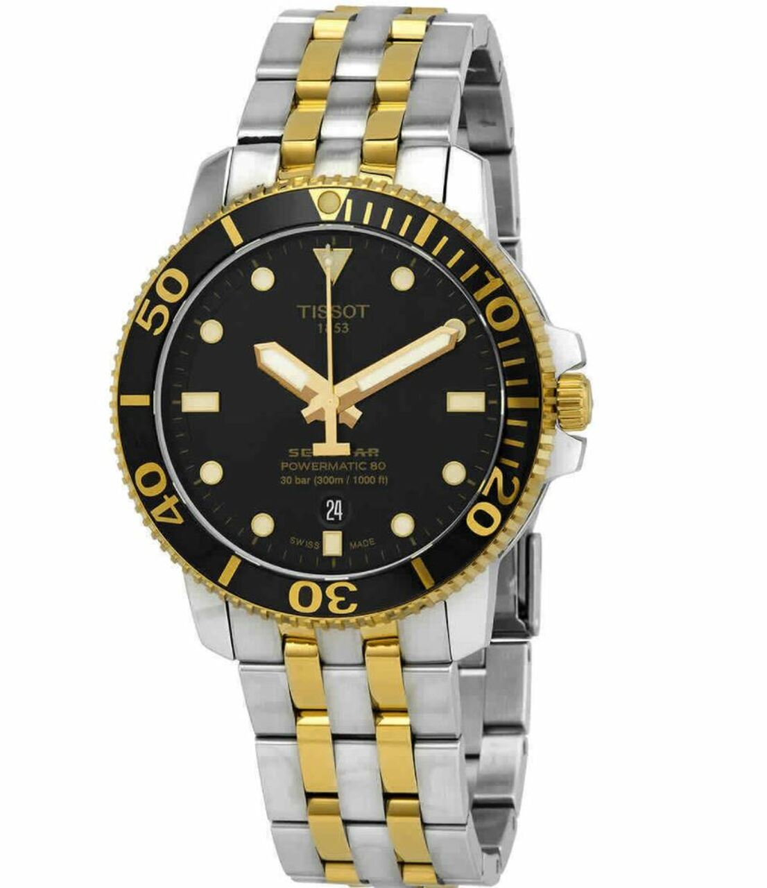 Tissot Seastar 1000 Powermatic 80 at angle showing black dial, two-tone bracelet, and rotating bezel