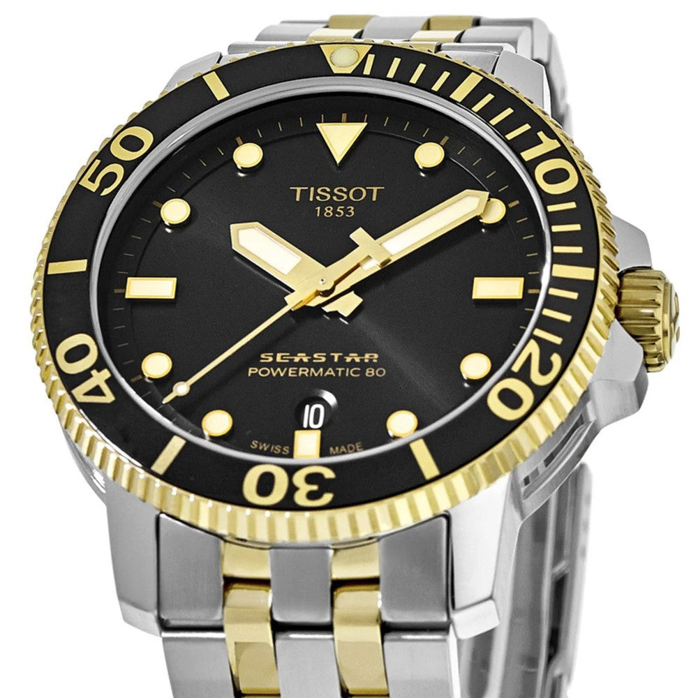Close-up of Tissot Seastar 1000 Powermatic 80 dial with applied indices, hands, and black bezel