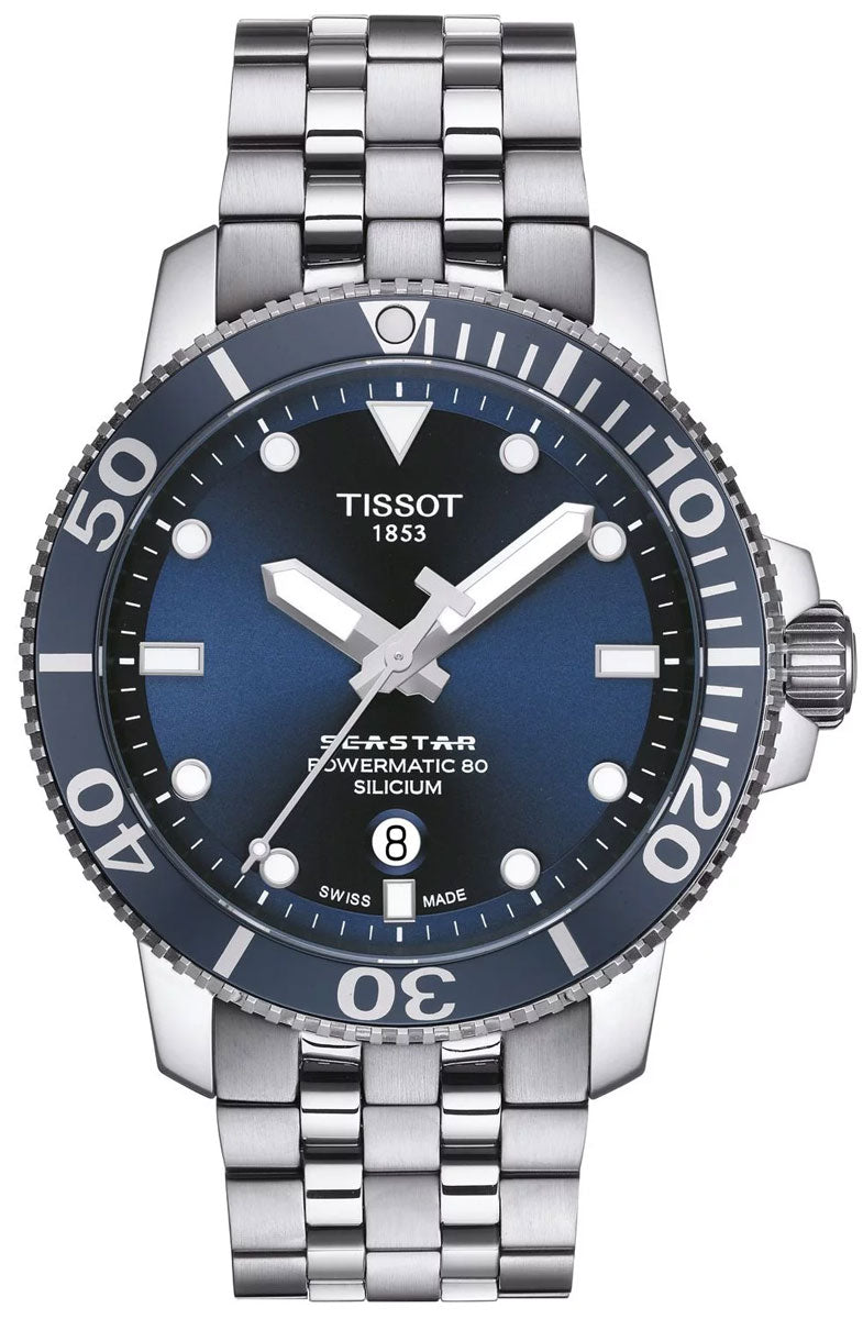 Tissot Seastar 1000 with blue dial, steel case and bracelet, rotating dive bezel