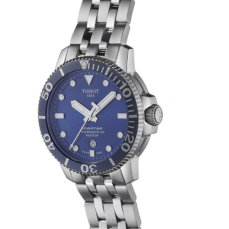 Tissot Seastar 1000 side profile with crown and steel bracelet links visible