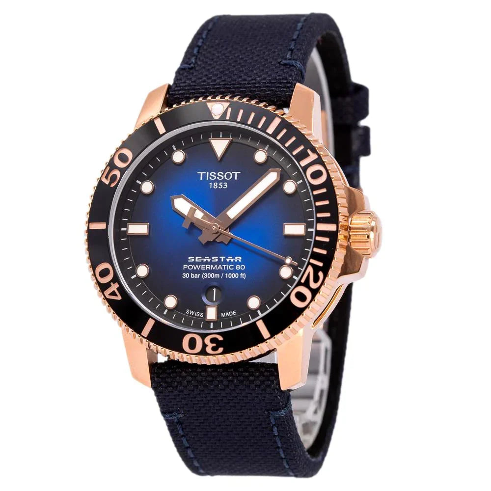 Tissot Seastar 1000 with rose gold case, black bezel and blue nylon strap at angle