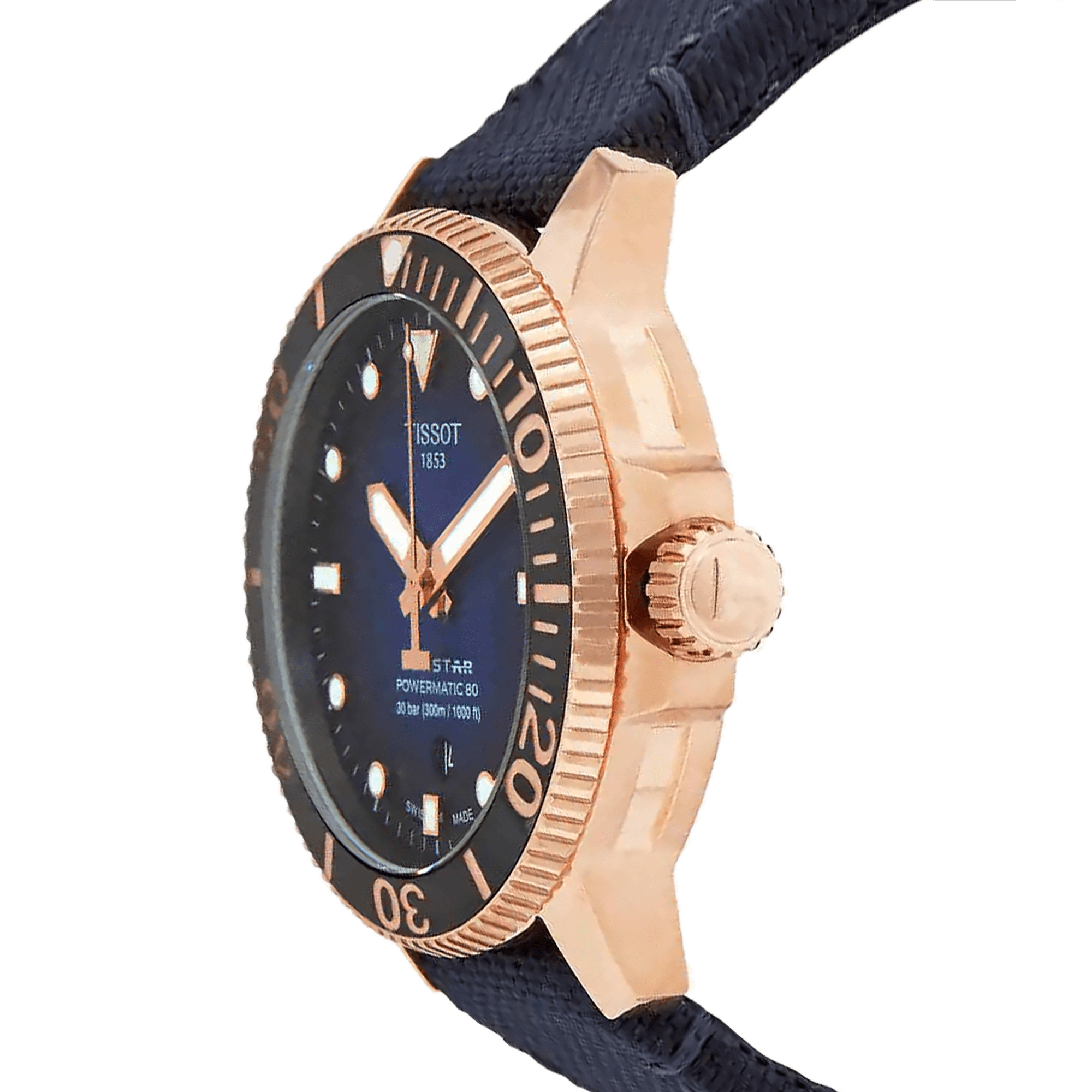 Tissot Seastar 1000 side profile showing rose gold case and crown with blue nylon strap