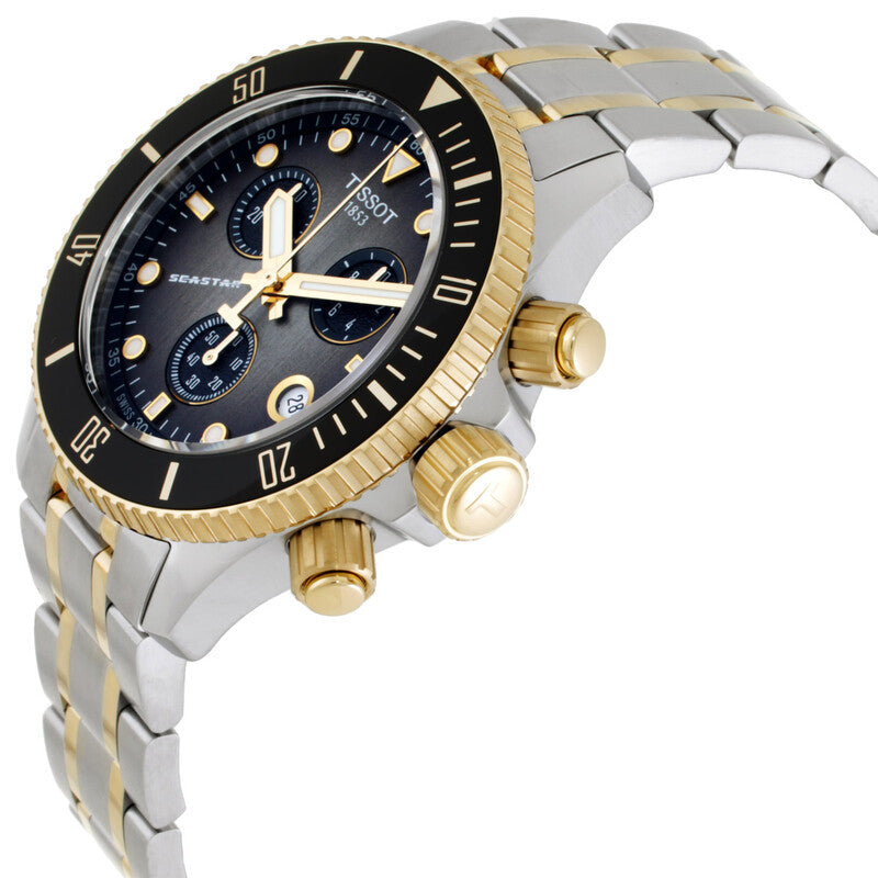 Tissot Seastar 1000 chronograph watch angled view showing steel and gold two-tone bracelet and pushers