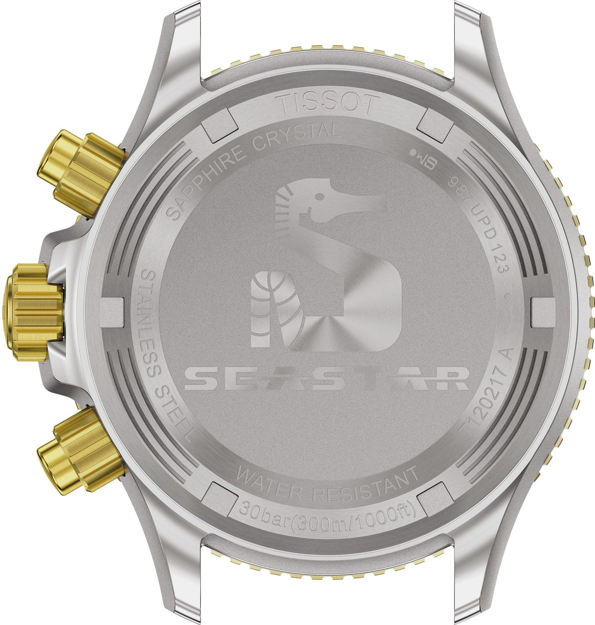 Tissot Seastar 1000 watch transparent caseback detail with Seastar branding and specifications
