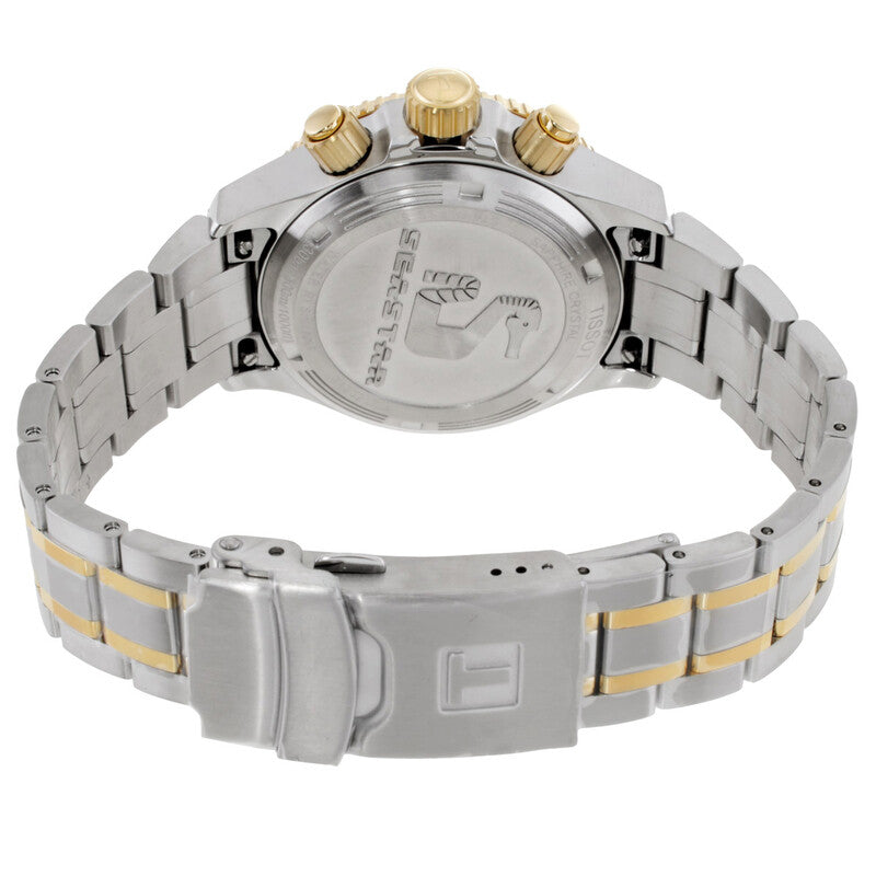 Tissot Seastar 1000 watch caseback showing crystal back and steel bracelet with gold accents