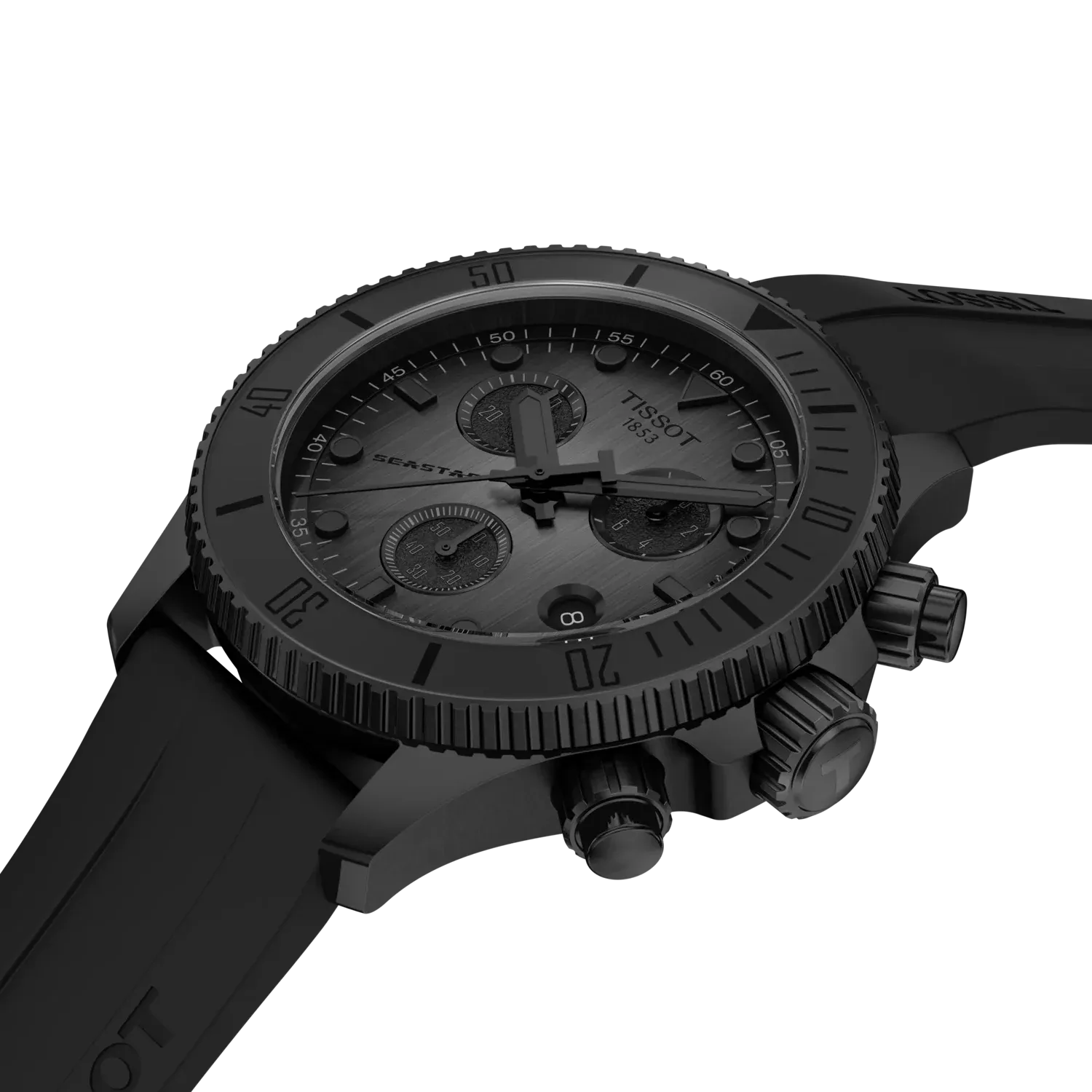 Tissot Seastar 1000 chronograph watch angled view showing dial and case