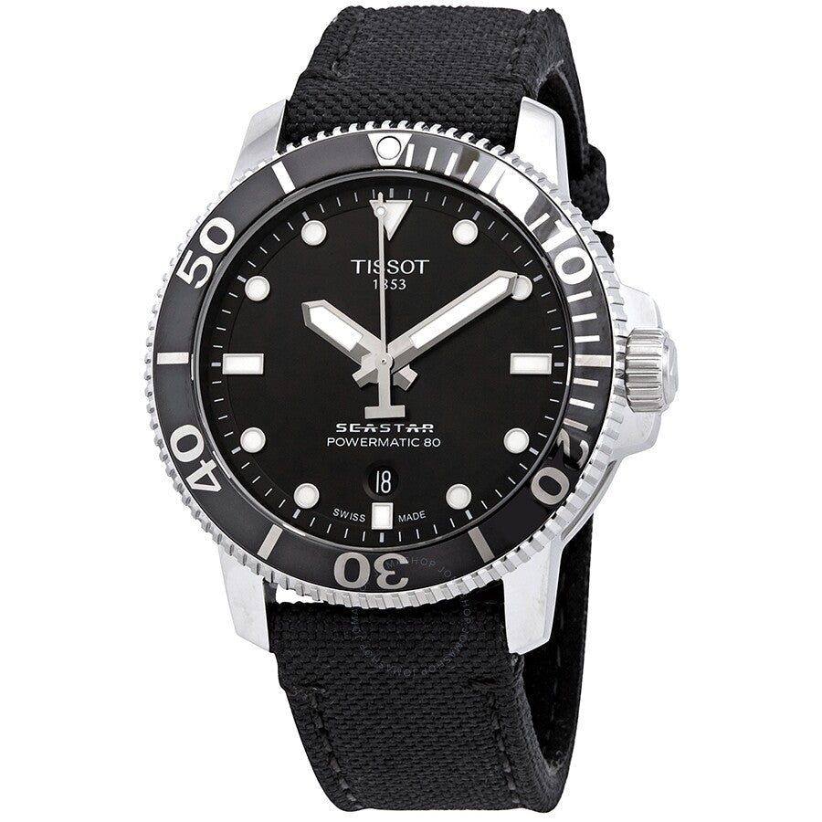 Tissot Seastar 1000 automatic watch with black dial, stainless steel case, and black textile strap