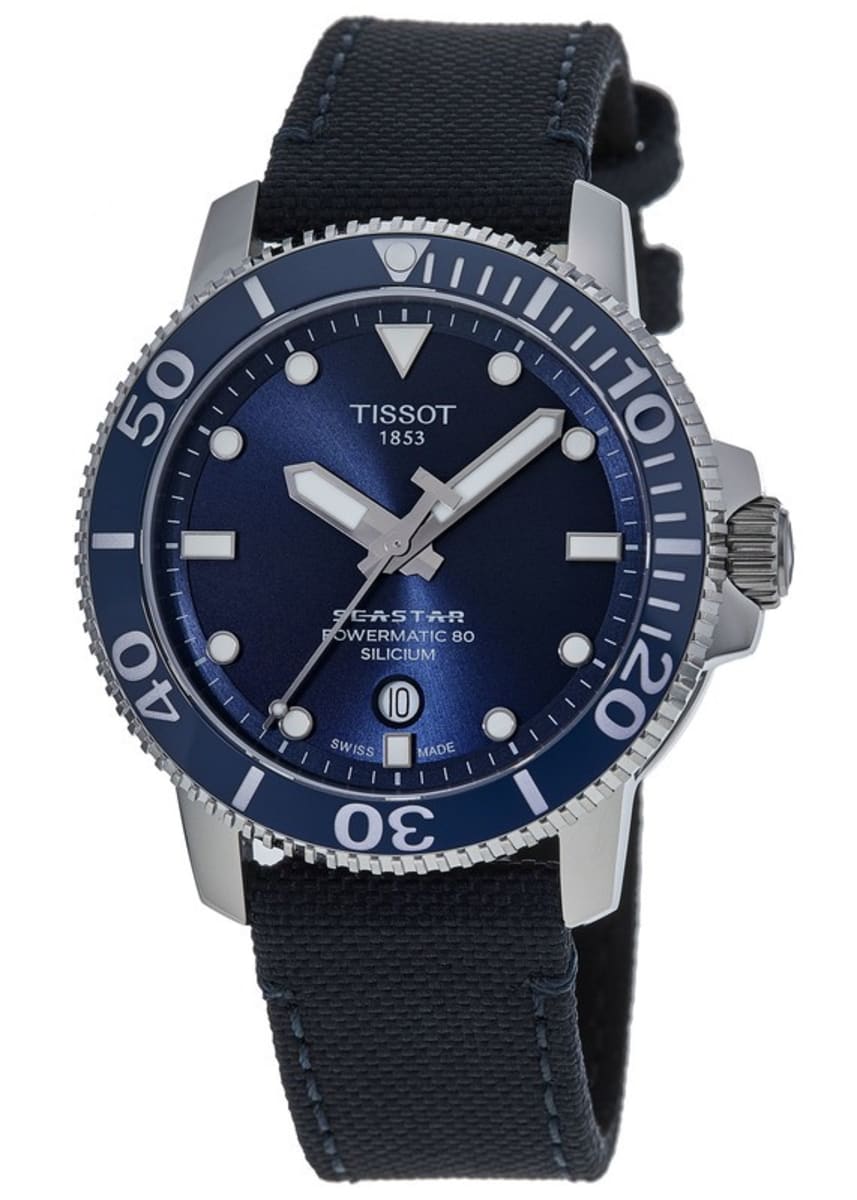 Tissot Seastar 1000 three-quarter view showing blue dial and navy fabric strap