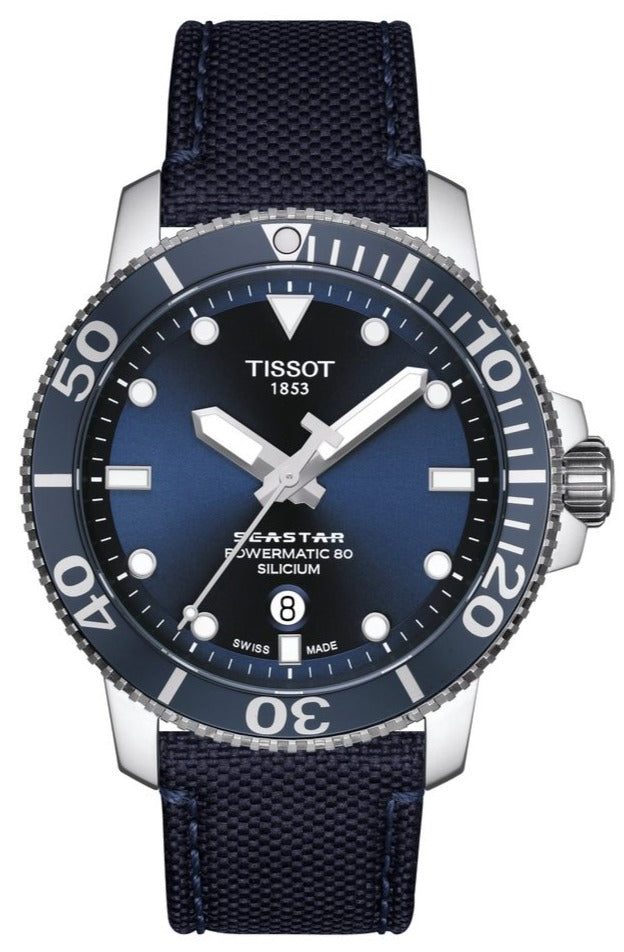 Tissot Seastar 1000 automatic watch with blue dial, stainless steel case and navy fabric strap