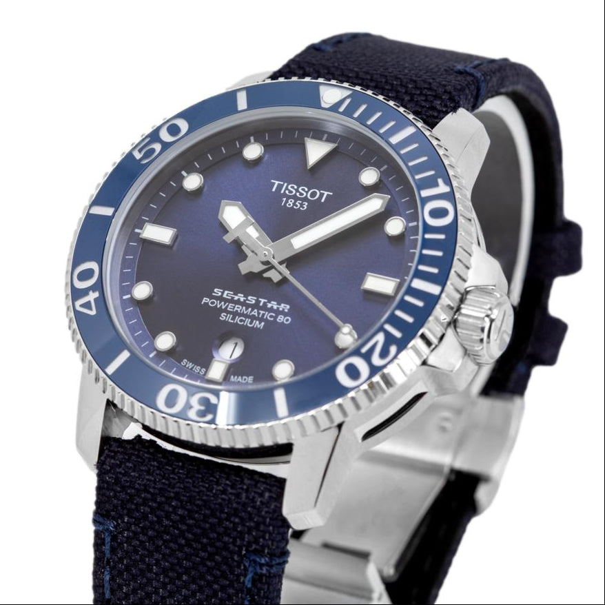 Tissot Seastar 1000 side profile displaying case thickness and navy fabric strap