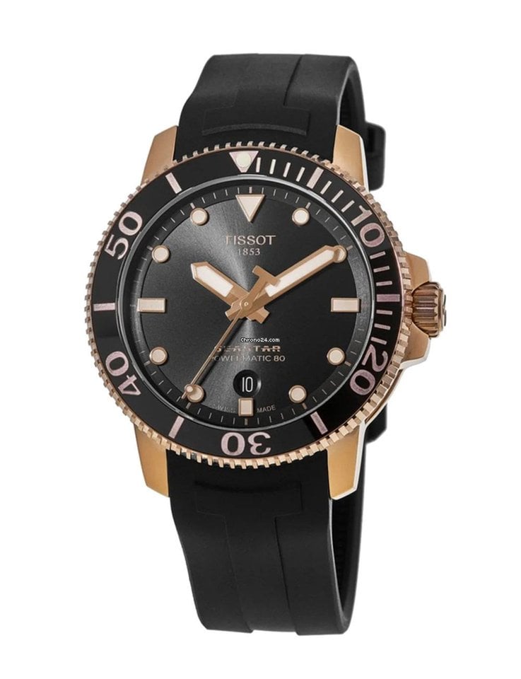 Tissot Seastar 1000 Powermatic 80 dive watch at three-quarter angle showing case profile and rubber strap