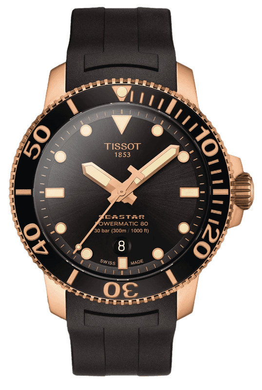 Tissot Seastar 1000 Powermatic 80 with black dial, rose gold case, black bezel, and black rubber strap