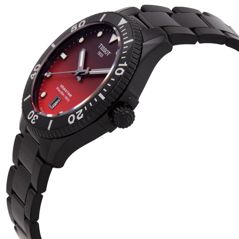 Side angle view of Seastar 1000 with red-black dial and PVD stainless steel bracelet