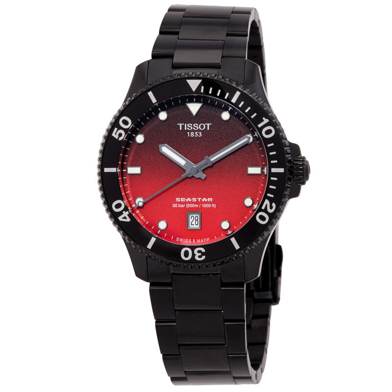 Tissot Seastar 1000 quartz men's watch with red to black gradient dial and PVD stainless steel case