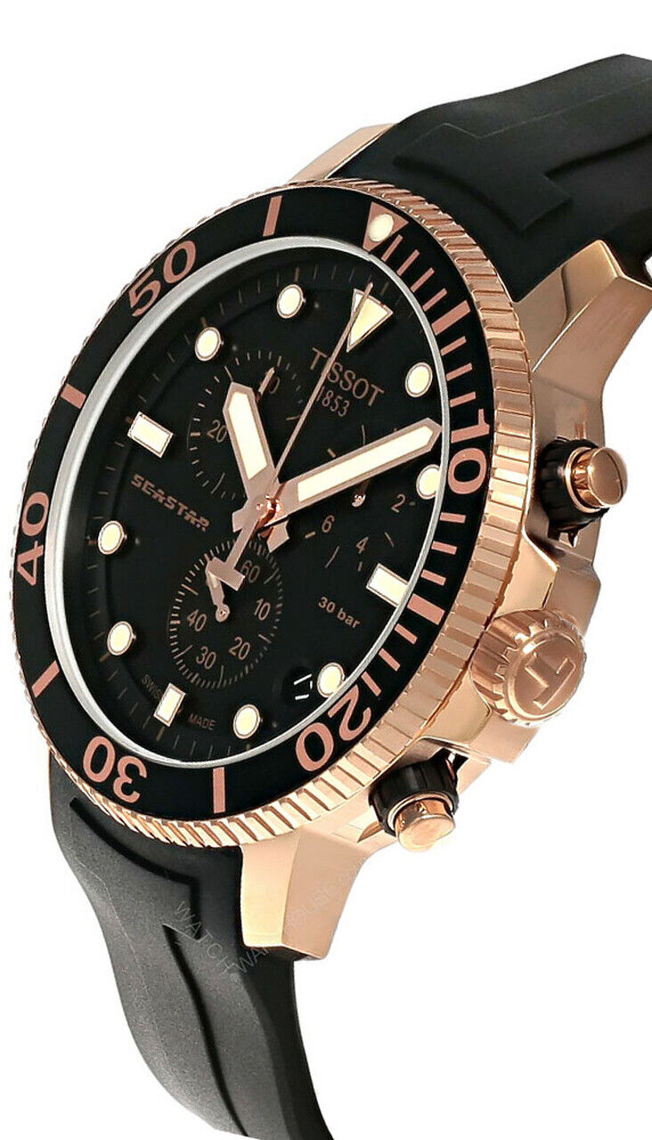 Side view of Tissot Seastar T-Sport 45.5mm rose gold chronograph watch with black strap