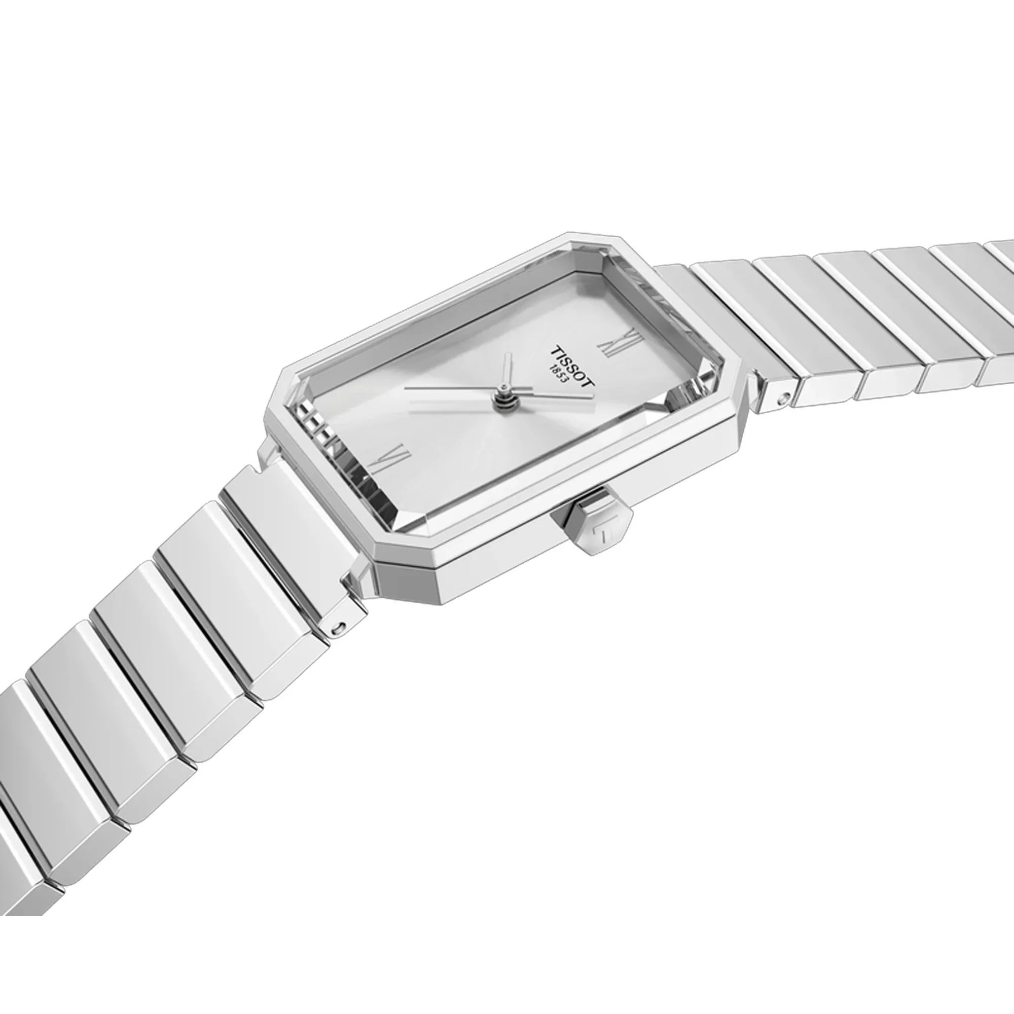 Tissot SRV women's watch angled view showing stainless steel bracelet and rectangular case